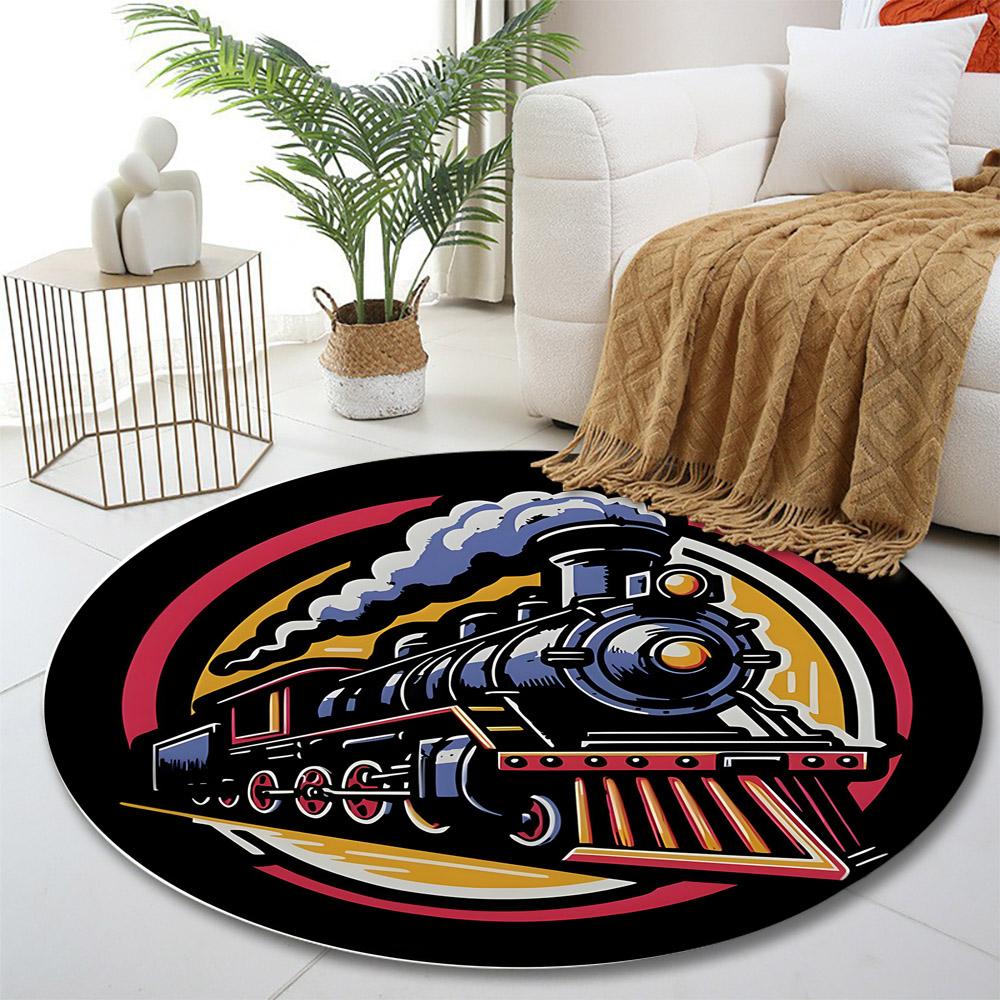Steam Train Vintage Design Print round rug, living room, bedroom, playroom carpet, non slip floor mat, gift