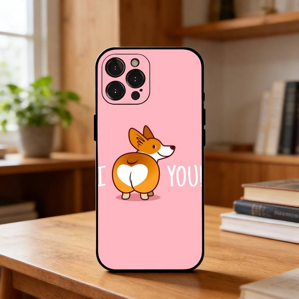 Милый Чехол-Корги для Телефона iPhone17 16 15 14 13 12 11 Pro Max Plus, 5G Мягкий Черный Чехол