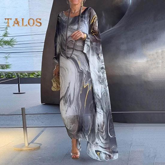 Женское платье макси с струящимся круглым вырезом и нерегулярными рукавами «летучая мышь», двухслойное мраморное платье с принтом, длина до щиколотки, повседневное платье макси