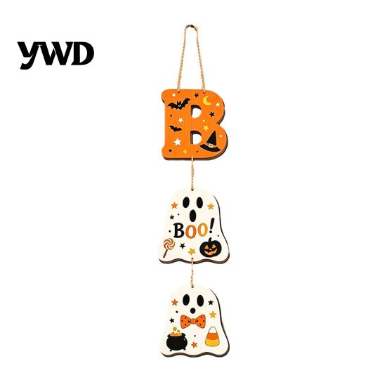 Durable Wood Hanging Sign 3Pcs Cute Halloween BOO Wooden Door Hanger, Ghost Black Cat Vertical Letter Spooky Room Decor Sign, Wall for Front