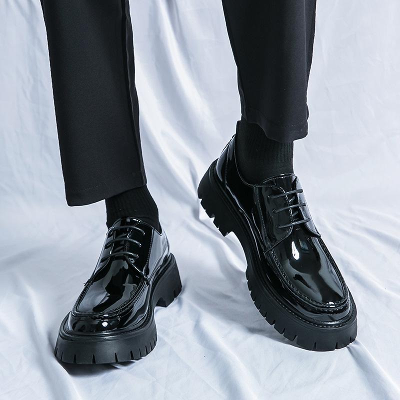 Мужские лоферы на шнуровке из лакированной кожи на толстой подошве, 2024: Стильные с большой головой, толстой подошвой для парикмахеров
