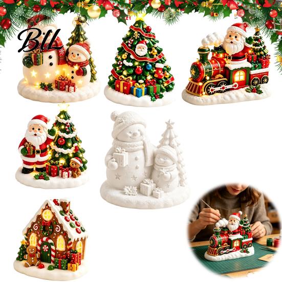 Decorative Plaster Ornaments for DIY Christmas Painting Kit, Cute Xmas Tree House Santa Snowman Holiday Keepsake Craft Projects Figurine Set,
