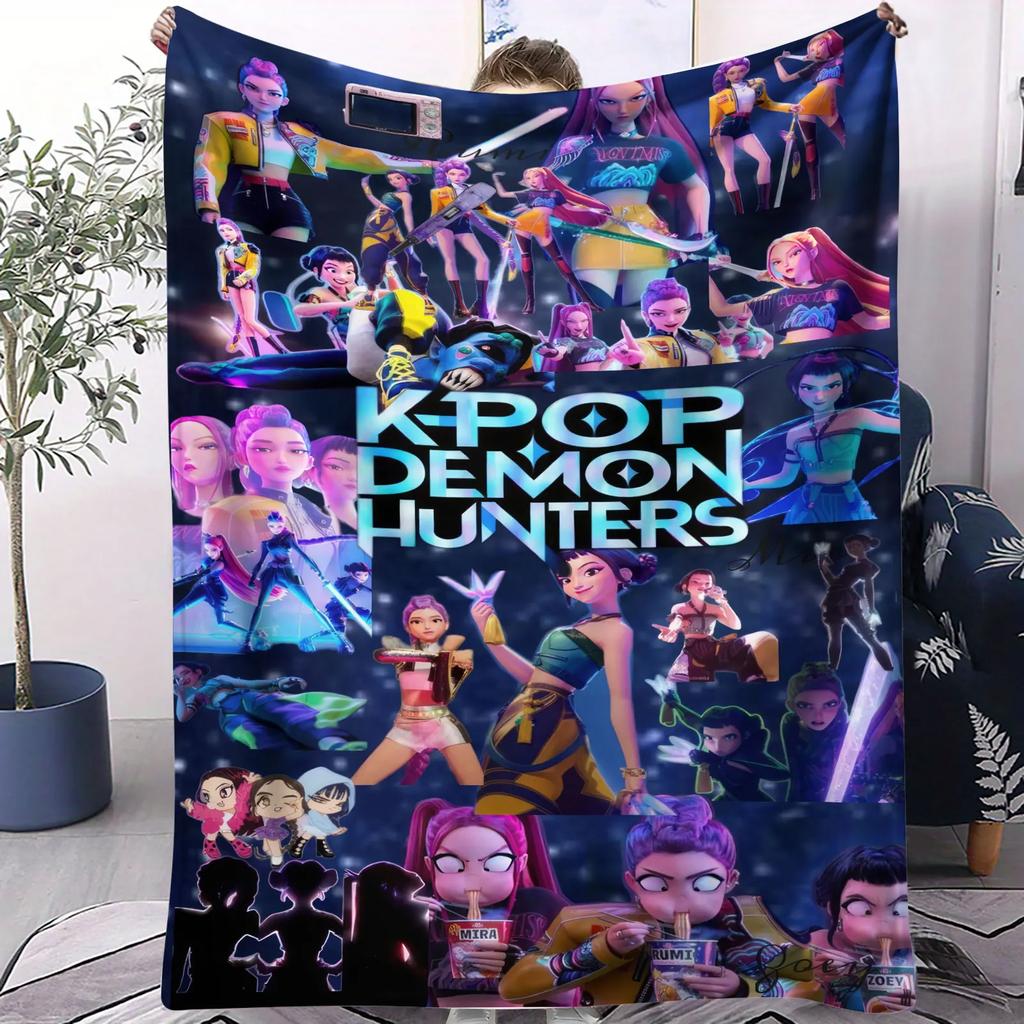 K-POP Demon Hunters Flannel Blanket Soft Warm Throw Character Collage Pattern Sofa Bed Cover Travel Camping Nap Cape Fans Gift