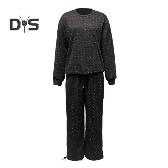2 шт./комплект женский топ брюки костюм круглый вырез длинный рукав стразы декор толстовка эластичный пояс широкие брюки повседневная одежда спортивный наряд осень