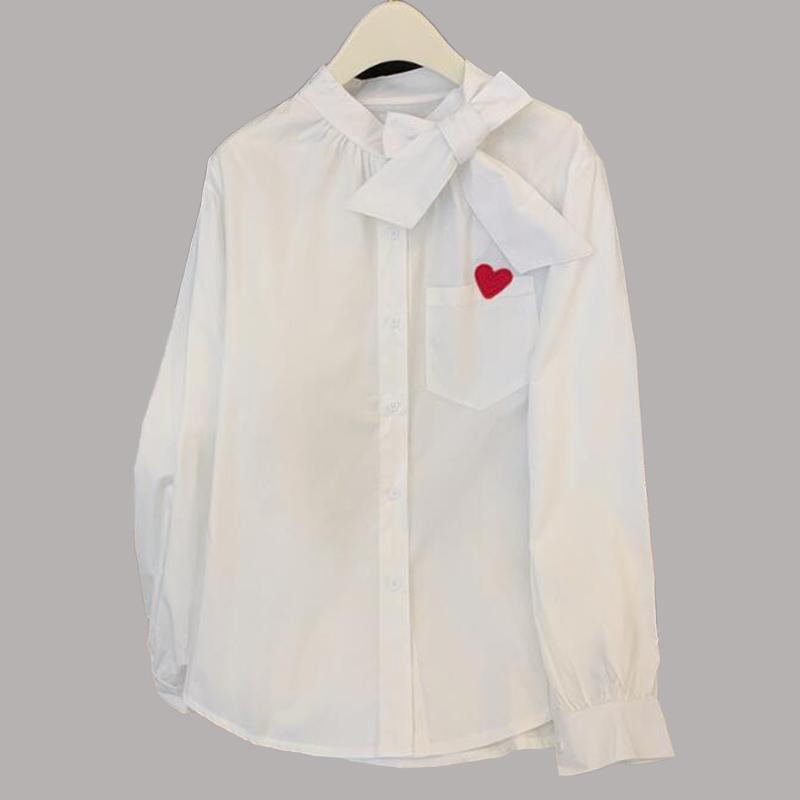 Love Embroidery Bow Long-sleeved White Shirt Female 2024 New Loose