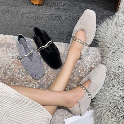 Модные цепочки со стразами, плоские туфли из меха норки для женщин, квадратный носок, теплые плюшевые мокасины, хрустальная лента, пушистые слипоны, большой размер 43