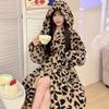 Winter Long-sleeved Hooded Thickened Warm Flannel Kimono Robe Women's Sexy Leopard Print Bathrobe Pajamas Nightgown Nightgown
