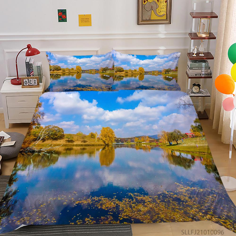 3D Forest Pattern Deluxe Home Bedding Set Full Size Quilt Cover and Pillowcase Landscape Print Washable and Comfortable Bedroom Bedding