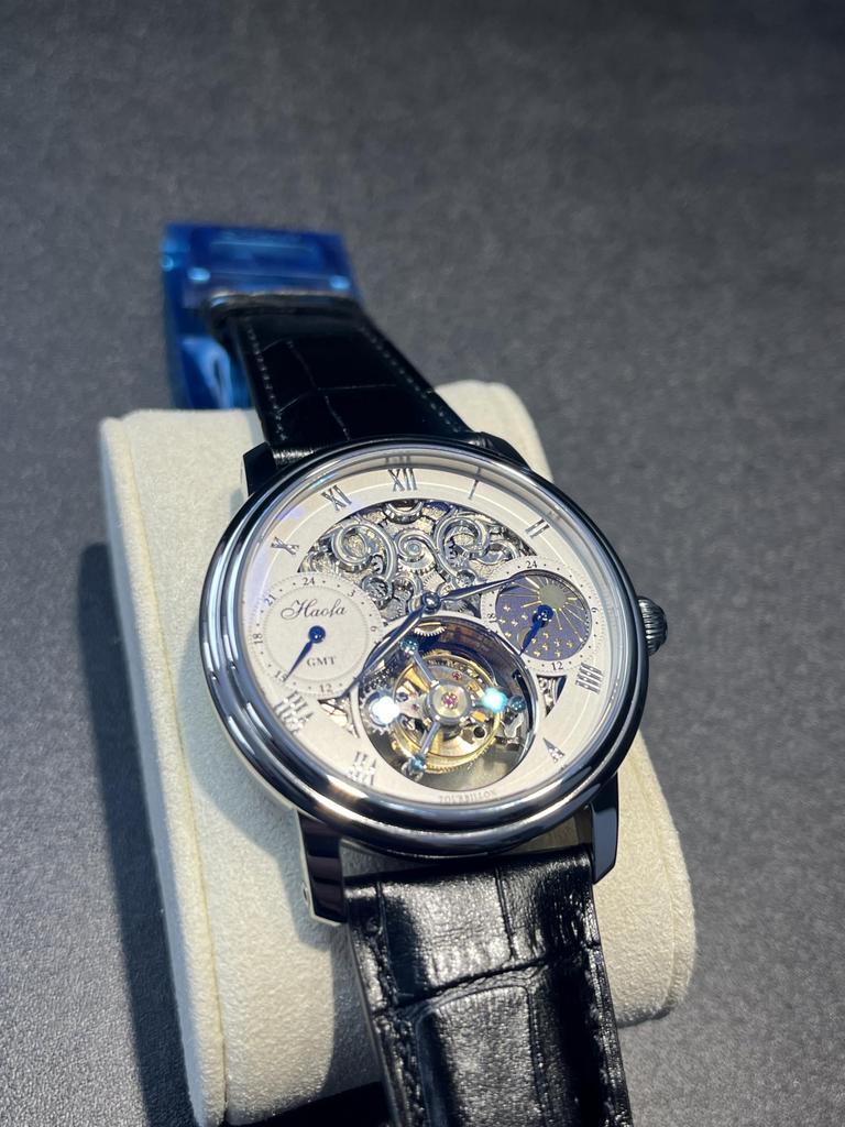 Часы HAOFA Tourbillon, механические, с фазами Луны, GMT, ремешок из натуральной кожи, циферблат с гравировкой, стильные, водонепроницаемые, наручные, мужские