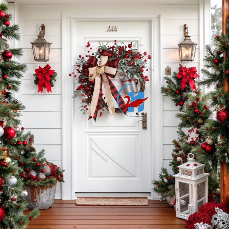 Christmas Wreath With Red Berries Bows Door Hanging Xmas Holiday Decor