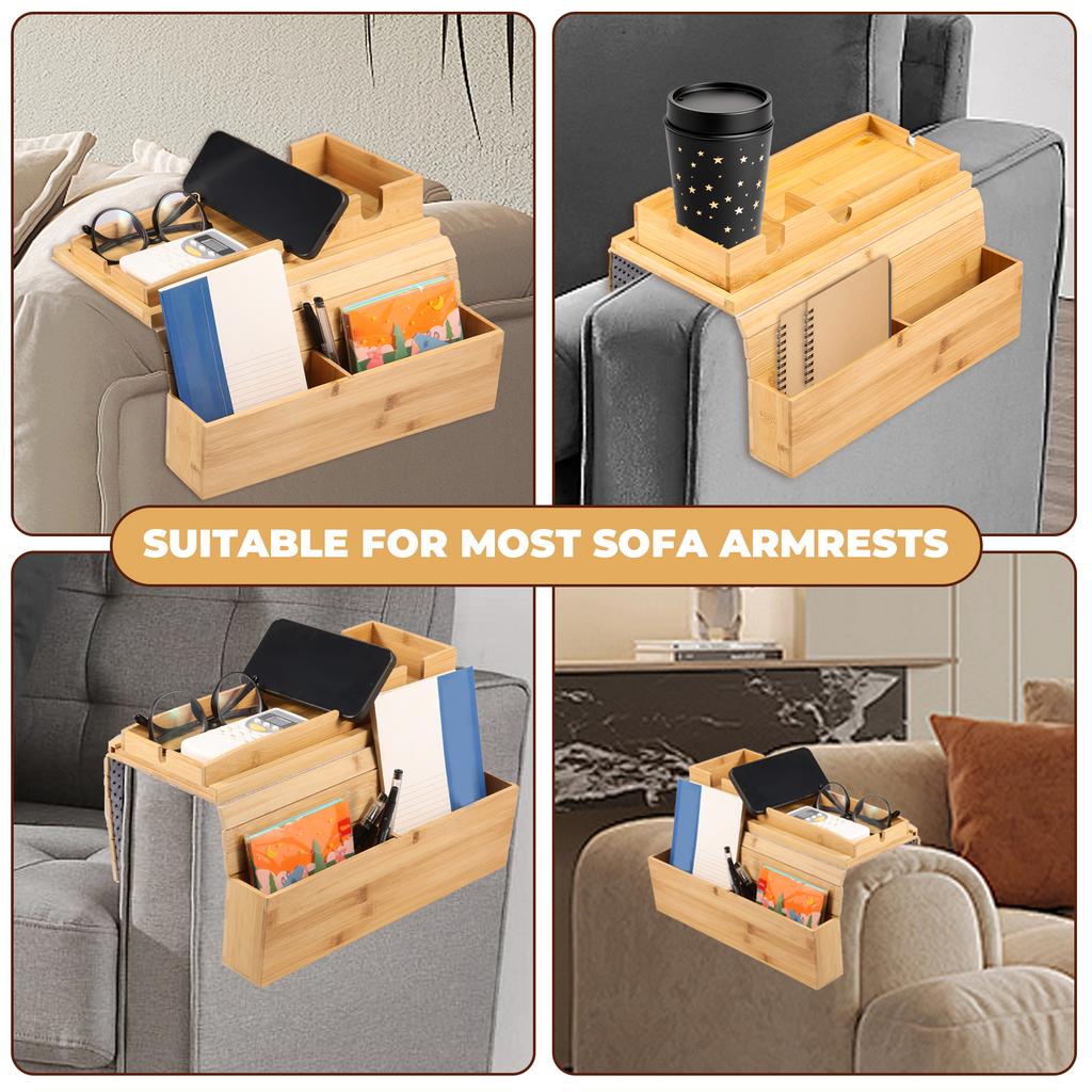 Бамбуковый подстаканник для дивана с боковым карманом для хранения, противоскользящий бамбуковый поднос на подлокотник дивана, складной подстаканник для дивана для чашки, закуски, напитка
