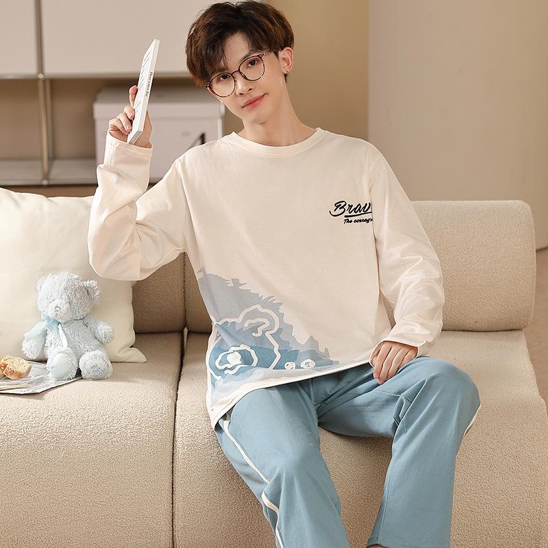 Мужской пижамный комплект, весенняя ночная одежда с длинными рукавами, домашняя одежда для мужчин, пижамы для мальчиков, повседневная домашняя одежда
