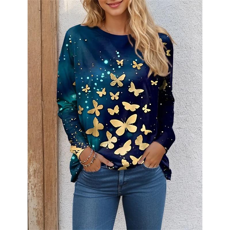 Women's T Shirt Tee Butterfly 3D Print Daily Sweatshirt Weekend Fashion Long Sleeve T Shirts Round Neck Red Spring Tshirt