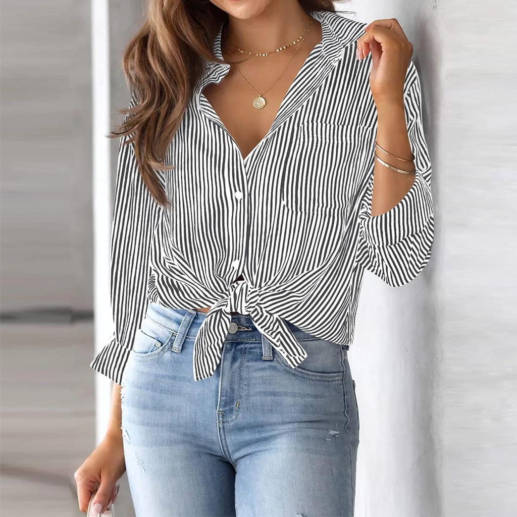 Женская рубашка на пуговицах в полоску, классическая рабочая рубашка с длинными рукавами и воротником, топ с карманами