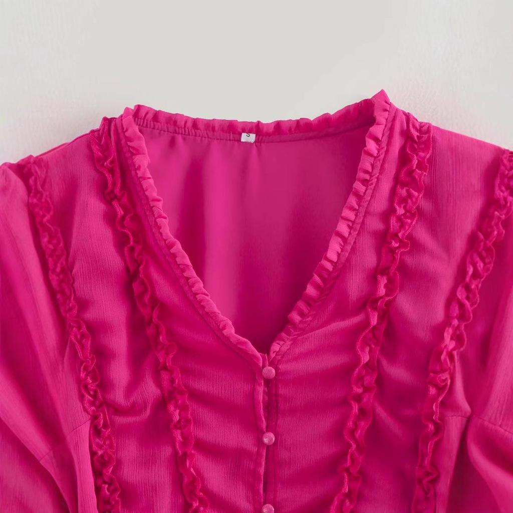 2025 Spring Women's European-American V-Neck Chiffon Ruffle Long Sleeve Dress