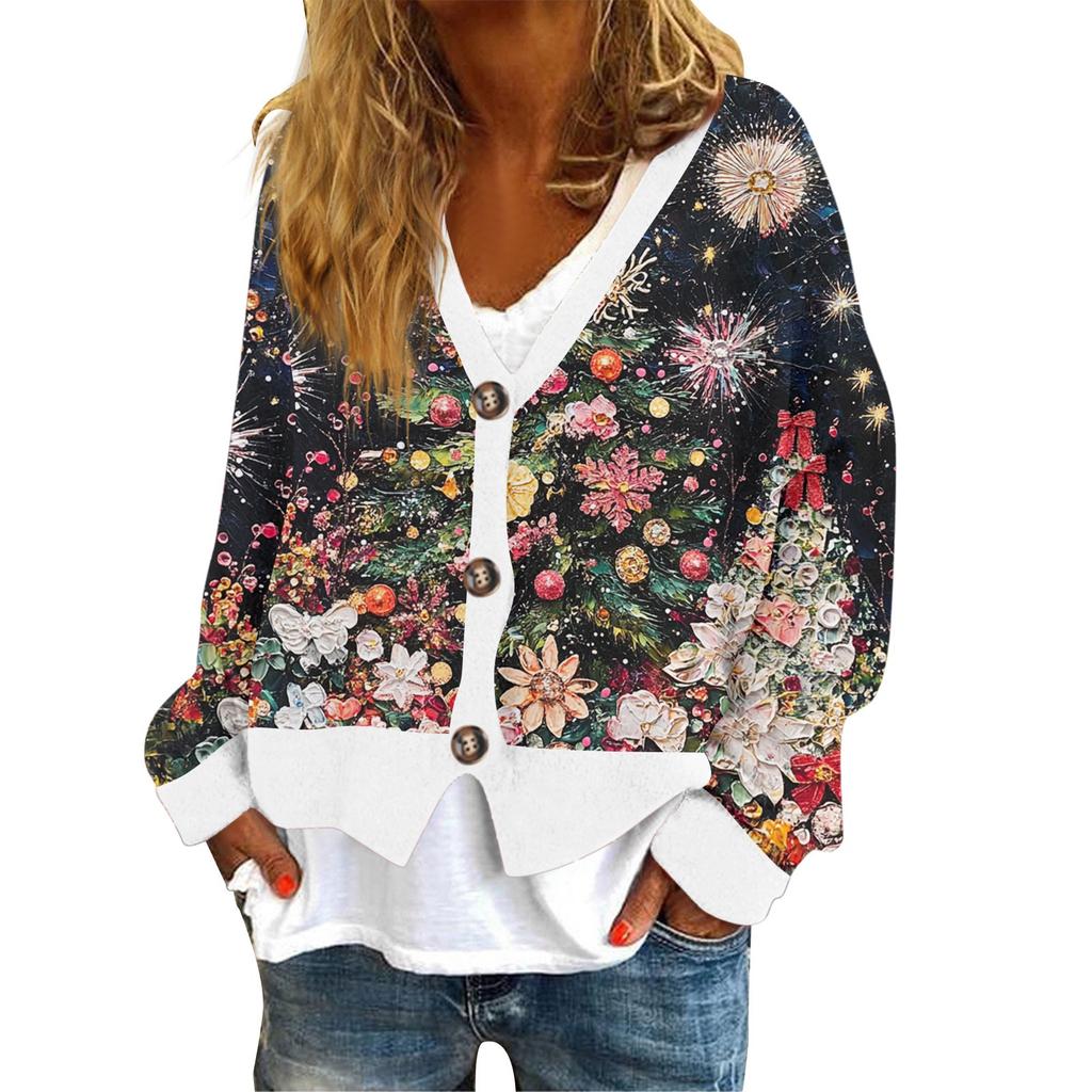 Женское модное короткое пальто, повседневное, с длинным рукавом, с рождественским принтом, однобортный плюшевый топ