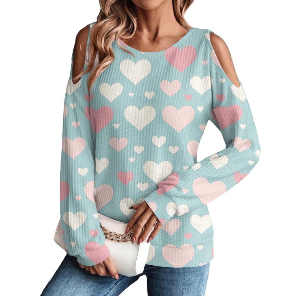 Women's Winter Oversized T-Shirt Fashionable Off-the-Shoulder Round Neck Vintage Floral Print Pullover Long-Sleeved Top