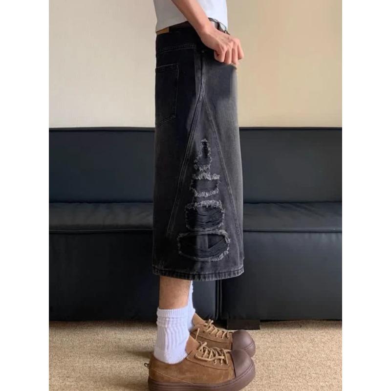 2024 женские американские потертые джинсовые шорты мужские свободные покроя с широкими штанинами прямые укороченные брюки High Street мужские новые модные шик