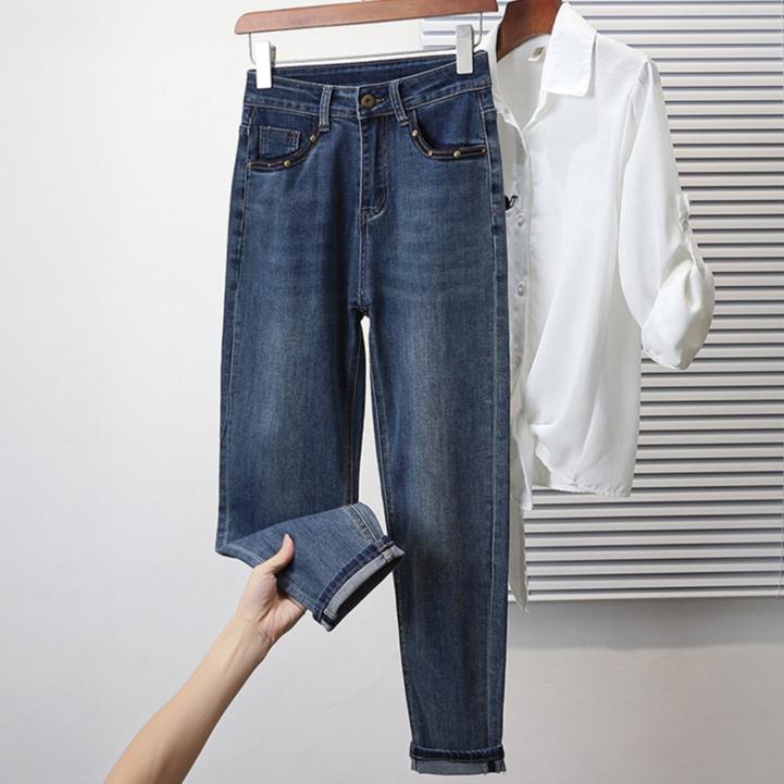 DIMANAF 2025 Женские джинсы больших размеров Весна Длинные брюки Эластичные базовые брюки Узкие джинсовые женские синие брюки 5XL