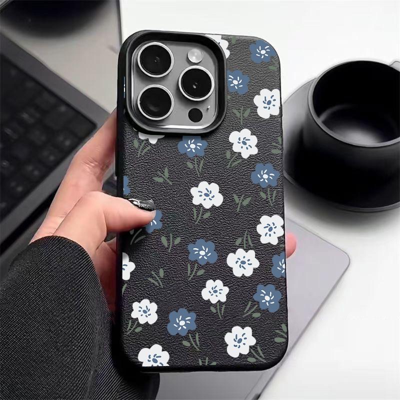 Синий цветочный узор матовая кожа текстура чехол для телефона чехол для iPhone 16 Pro Max 15 Pro 14 13 12 11 тонкий ударопрочный TPU мягкий бампер чехол