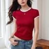 Women's Combed Cotton T-shirt Colour Blocking Short-sleeved Slim and Thin with Round Neck Bottoming Tops