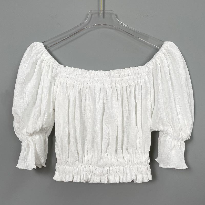Корейский укороченный топ с рюшами, открытыми плечами, пышными рукавами и кружевом