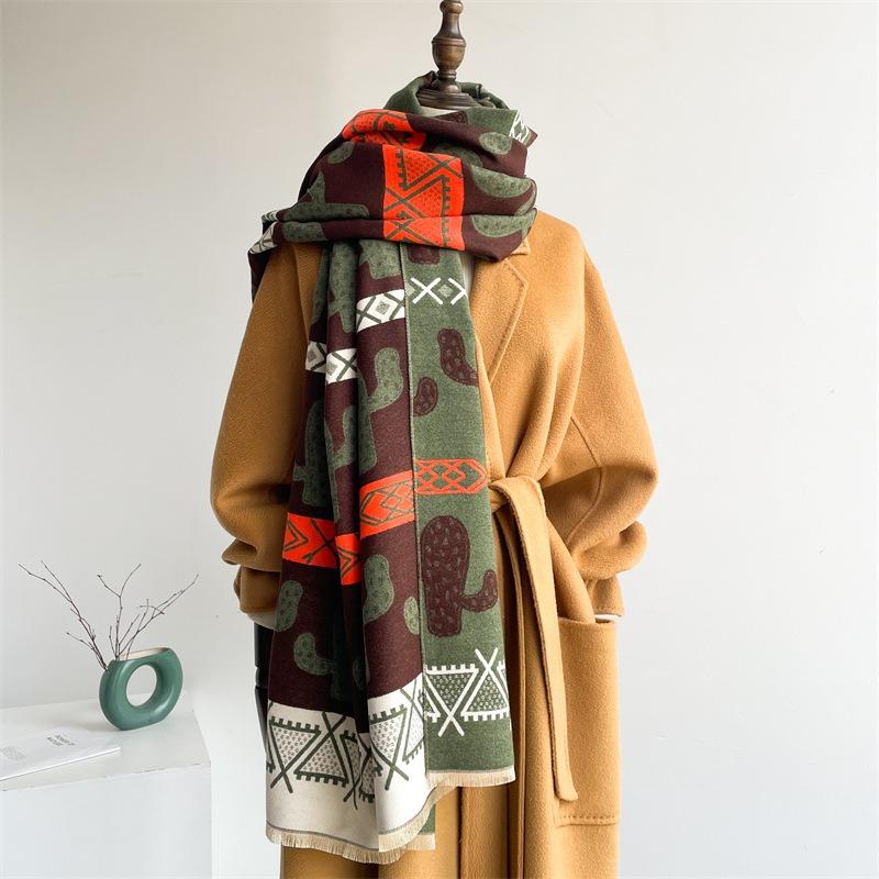 Imitation Cashmere Scarf Women's Nordic Style Decoration Warm Dual-purpose Double-sided Shawl Creative Printing Fringed Autumn and Winter Scarf