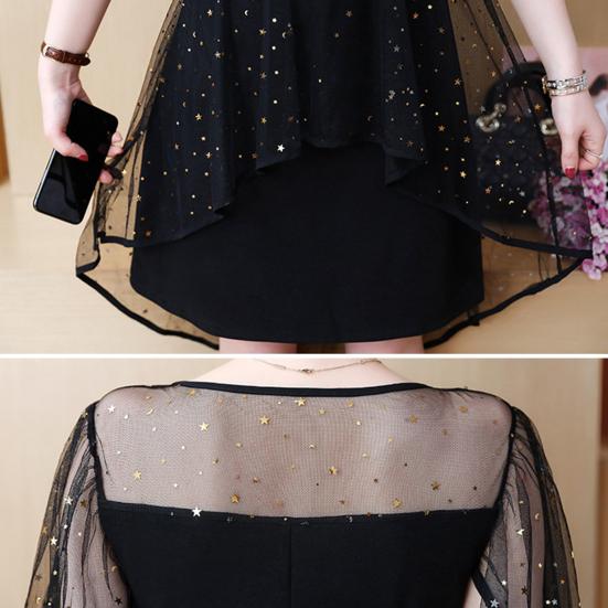 Женское вечернее платье в сетку в стиле пэчворк, нерегулярное мини-платье с круглым вырезом, звездами и блестками, двухслойное с рюшами и короткими рукавами, вечерние мини-платье для выпускного вечера