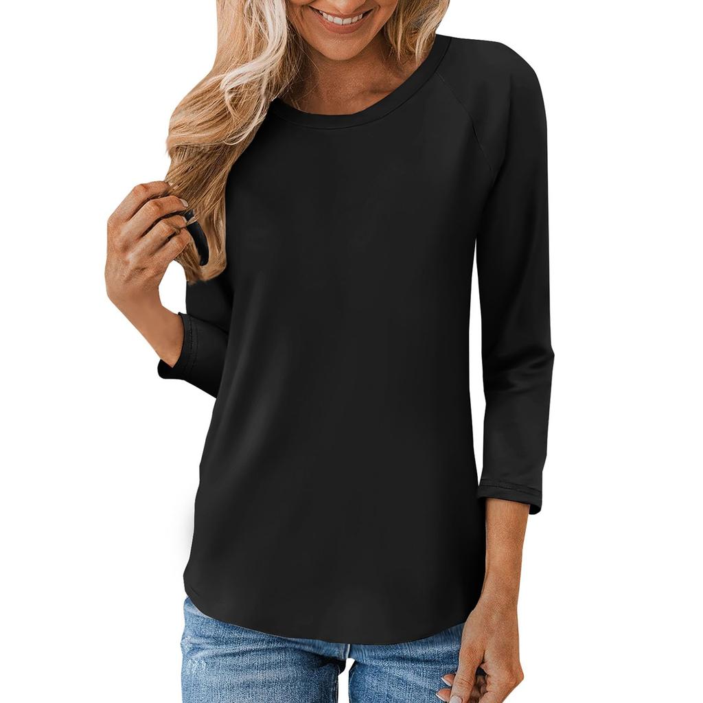 Рубашка для женщин, модная повседневная свободная однотонная футболка с рукавами реглан и круглым вырезом, рукав 3/4, женский топ