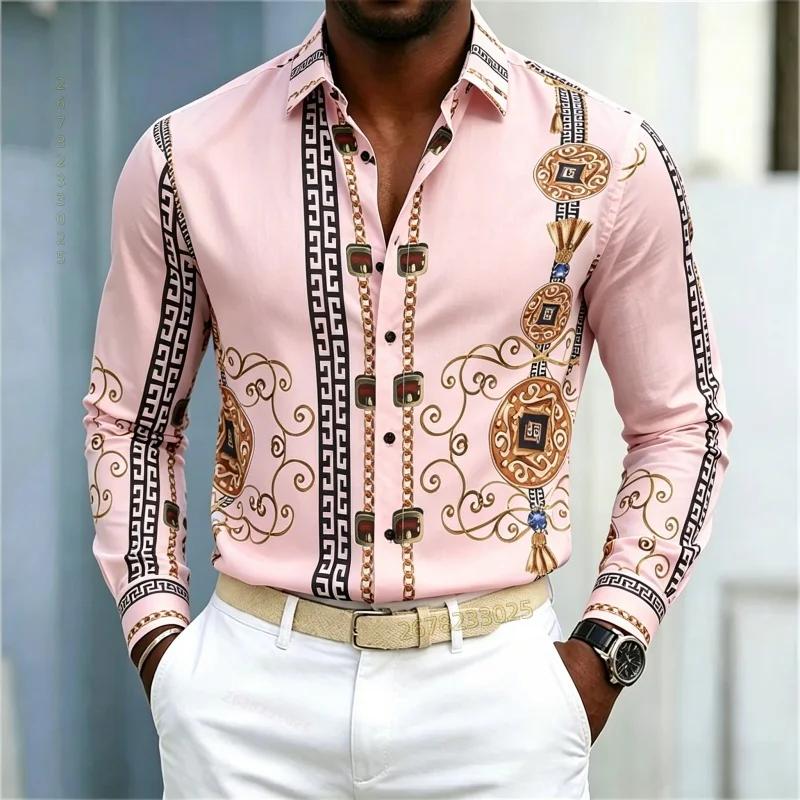 Luxury Ornate Patterned Long Sleeve Shirt, Stylish Formal-Casual Wear For Men