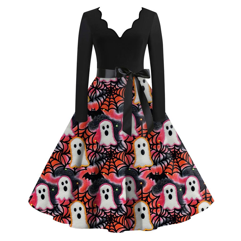 Женская повседневная мода с длинным рукавом Хэллоуин принт винтажные длинные платья осень