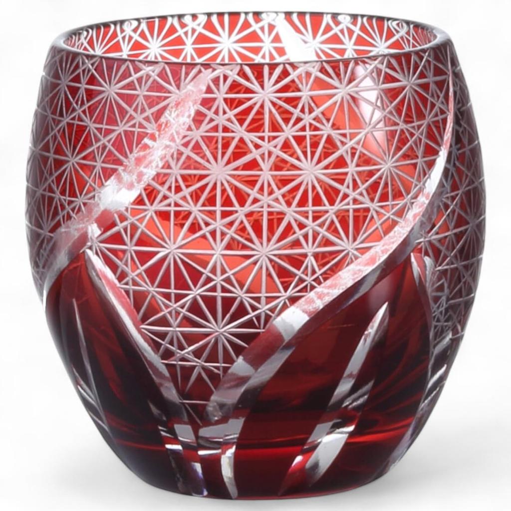Mizukage Kiriko Glass Cup for Cold X Ranbori Komon by Current Model J-kitchens Egg-Shaped Sake, 5.5 5.9cm, 100cc, (Small Pattern) Red, Bisho,