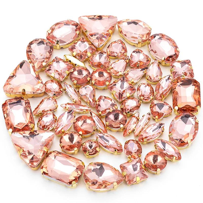 50pcs/Bag Glitter Mixed Shape Sew On Glass Rhinestone Gold Claw Crystal Buckle Diy Wedding Decoration Accessories