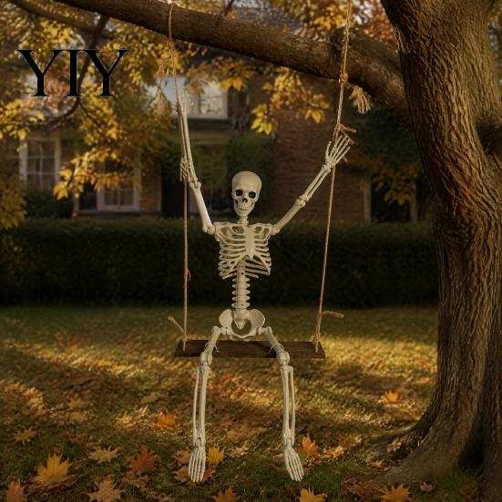 Movable Joint Skeleton Figurine Halloween Swinging Decoration, 35" Large Spooky Hanging with Decorative Swing for Wooden Yard, Garden, Porch,