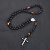 Cross Pendant Beaded Long Necklace Women Men Rosary Neck Jewelry Tiger-eye Beads Necklace  Vacation