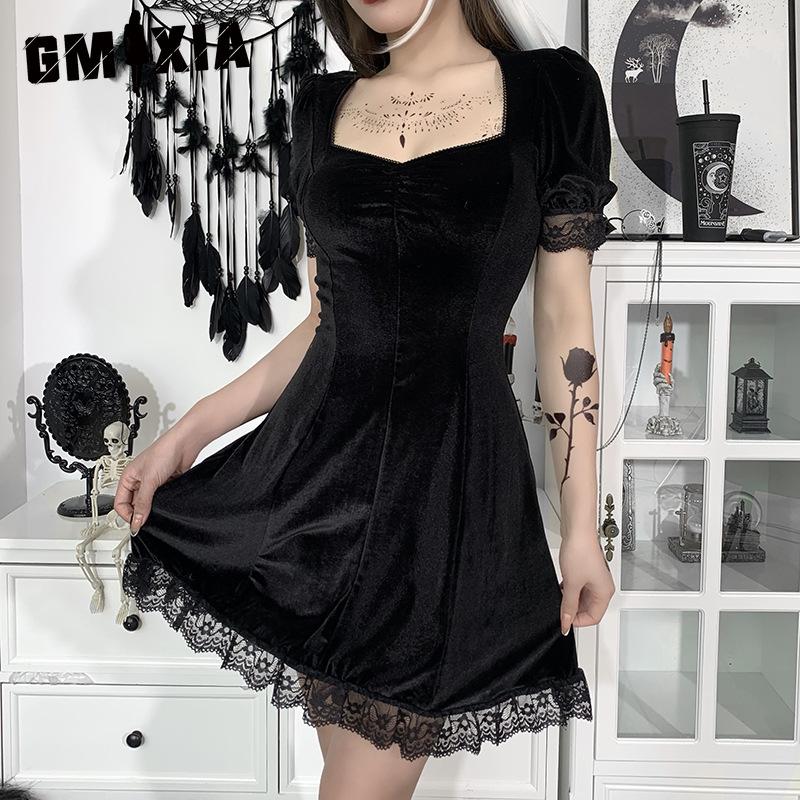 GMXIA Платье из темной замши с квадратным воротником, кружевной кромкой и пышными рукавами, однотонная юбка на осень и зиму для женщин