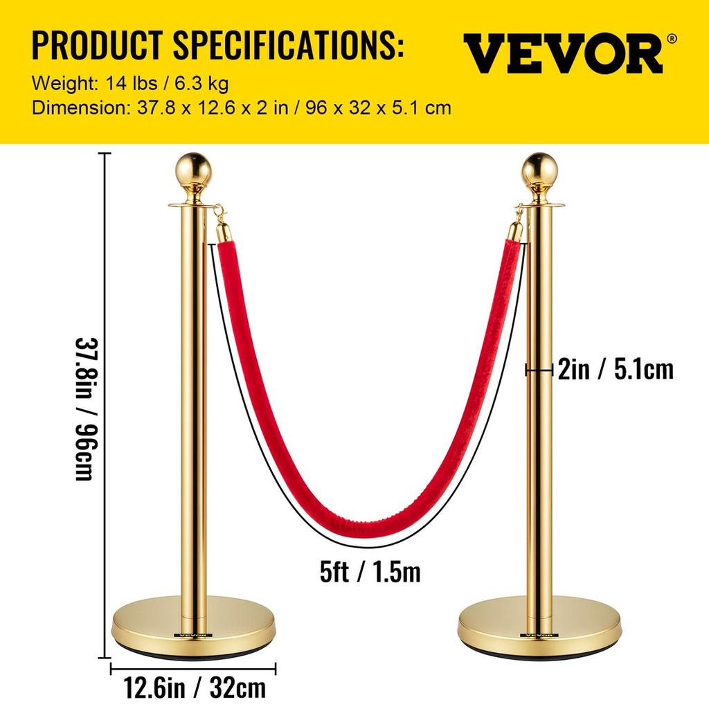 Crowd Control Stanchion, Set of 8 Pieces Stanchion Set, Stanchion Set with 5 ft/1.5 m Red Velvet Rope, Gold Crowd Control Barrier w/ Sturdy Concrete