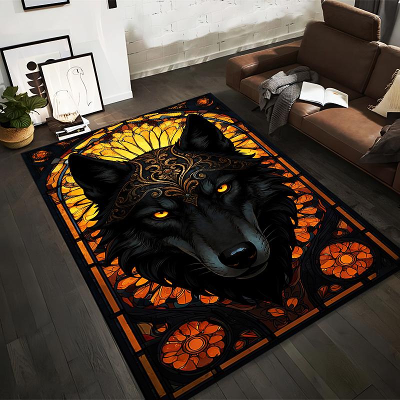 "Black Wolf with Golden Eyes Carpet, Mandala Floral Pattern Design" Suitable for use as an anti-slip for living room bedroom sofas