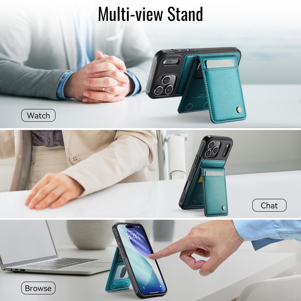 For iPhone 17 Pro Leather Back Cover JEEHOOD J06 Magnetic Phone Case with Card Bag RFID Blocking