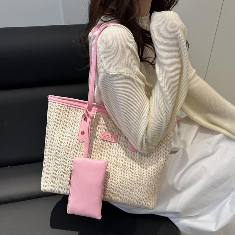 PU Weave Tote Bag Solid Color Beach Straw Handbag Simple Straw Shoulder Bag Women