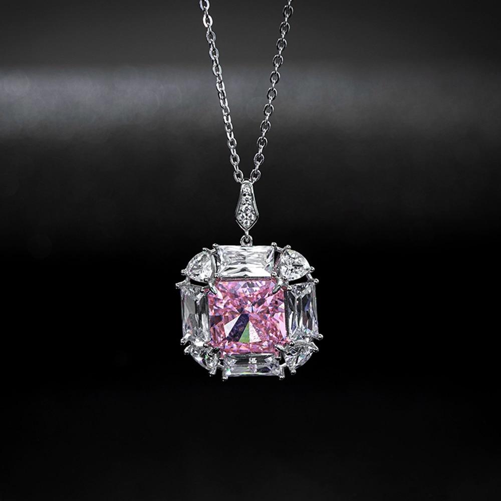 Real 925 Sterling Silver Crushed Ice Cut 12 *12mm Pink Sapphire Created Moissanite Diamond Pendant Necklaces For Women Gift