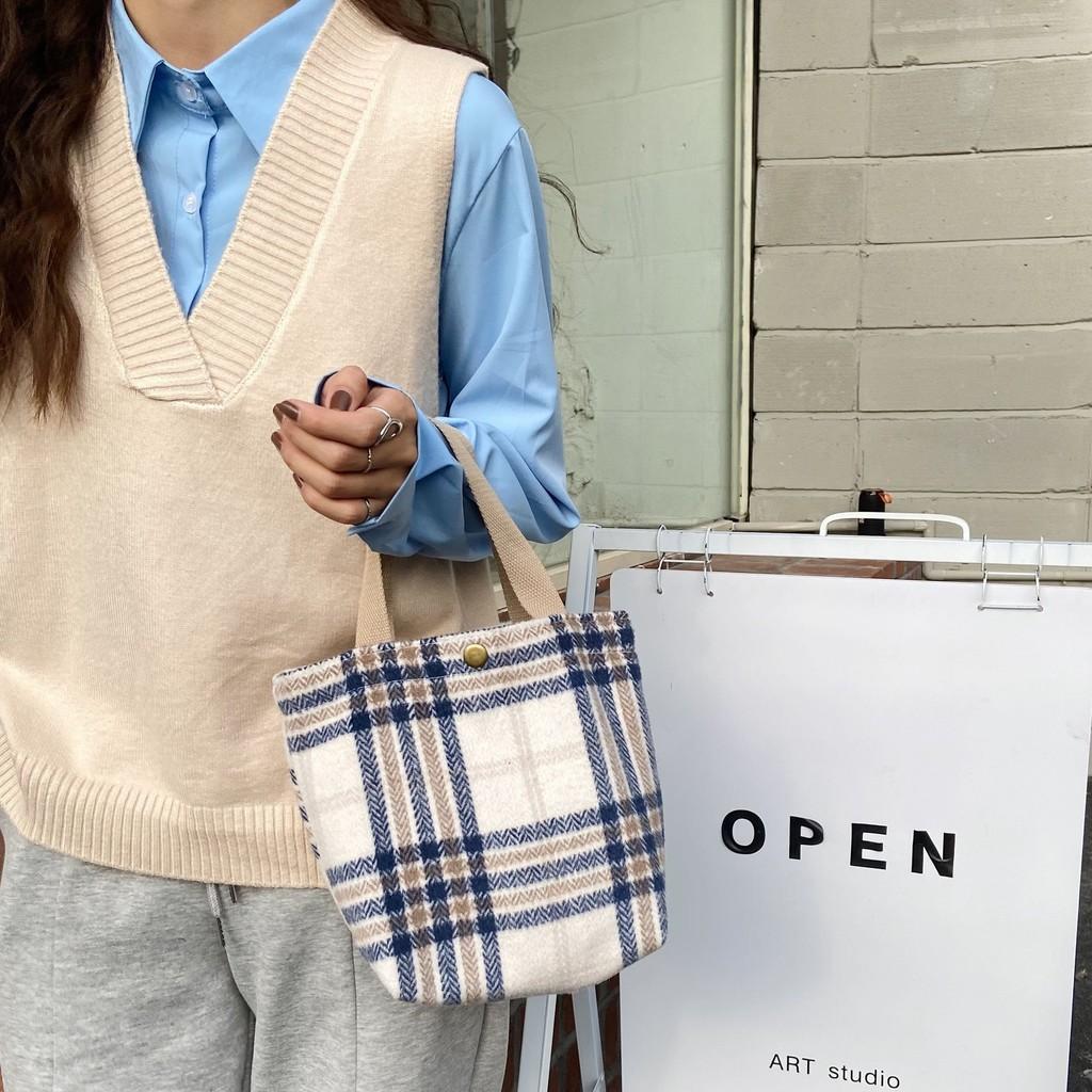 Стильная клетчатая шерстяная сумка для ланча, шикарная минималистичная сумка-тоут для повседневного использования