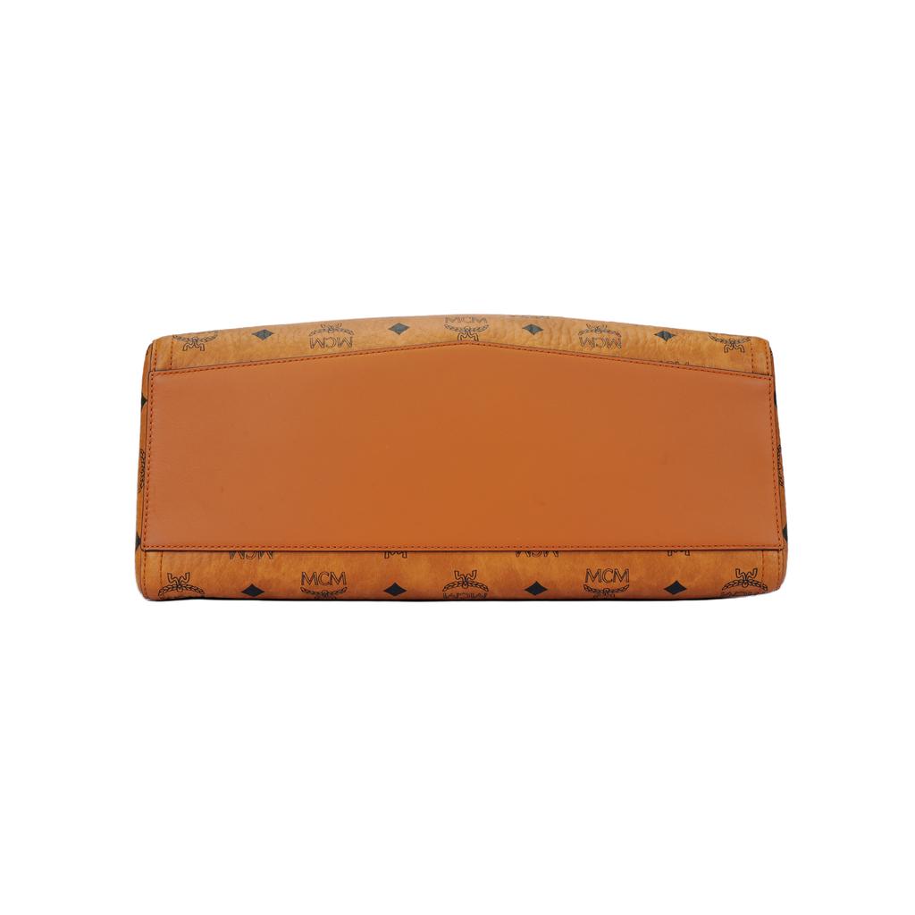 MCM Cognac Visetos Leather Triangle Crossbody Bag with Gold Hardware for Daily Use