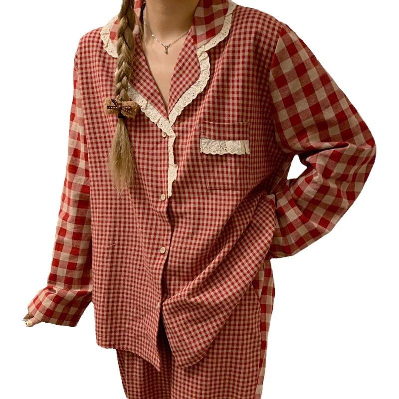 Весенняя женская пижама, комплект домашней одежды для девочек, корейская клетчатая кружевная мода, длинные рукава, длинные брюки, студенческая пижама, комплект домашней одежды
