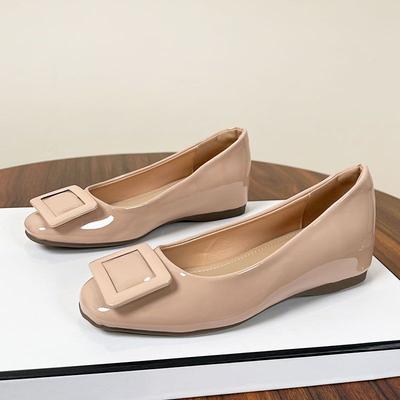 Женские туфли-лодочки на квадратном каблуке, увеличивающие рост, весна-осень 2025, новинка, универсальные, с квадратной пряжкой, нюдовые, из мягкой лакированной кожи