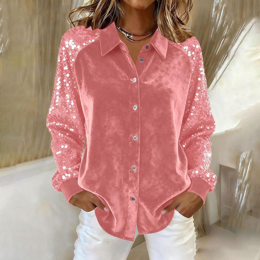 Женская мода Однотонный воротник Длинный рукав Пуговица Блестящий Золотой Бархат Вставка Рубашка Топ