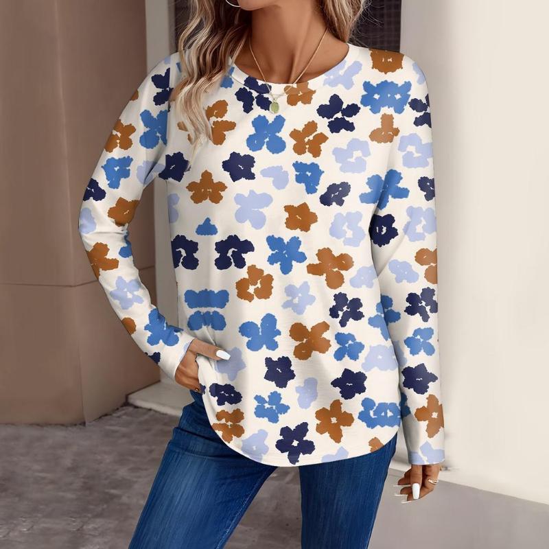 T-shirt À Manches Longues Et Col Rond Pour Femme, Imprimé Floral En 3D, À La Mode, Haut Régulier, Vacances, Week-end, Printemps Et Automne