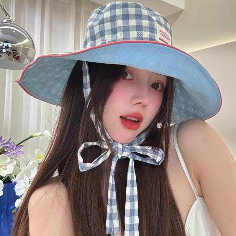 Двусторонняя клетчатая шляпа с широкими краями и шнуровкой, летняя универсальная солнцезащитная кепка для отдыха на открытом воздухе, милые контрастные цветные кепки в клетку для женщин