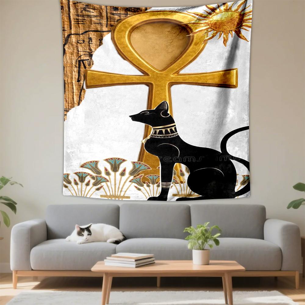 Tapestry Egyptian Ankh Black Cat Bastet Sun Gold Poster Wall Art for Girls Room