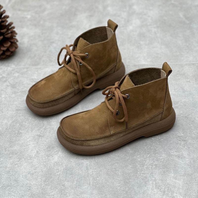 Johnature Женские короткие сапоги ручной работы в стиле ретро, ​​туфли из натуральной кожи, однотонные ботинки на шнуровке с круглым носком